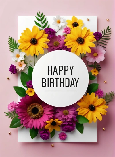 A Birthday card with flowers and a happy Birthday message on it's front cover, on a pink background with gold confetti, plain background, a pastel, international typographic style