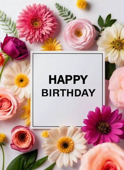 A white card with a happy Birthday message surrounded by flowers and leaves on a white surface with a white background with a black border with a, plain background, a pastel, international typographic style