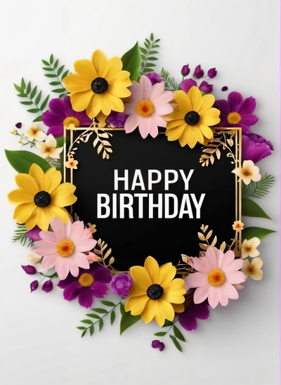 A happy Birthday card with flowers and leaves on a white background with a black square frame with the words happy Birthday written in it's, plain background, a pastel, international typographic style