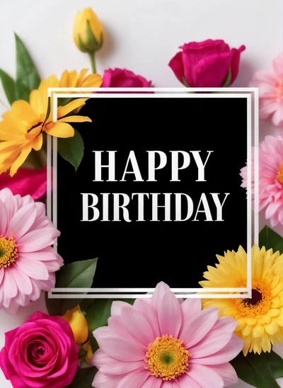 A black square with a white frame with a happy Birthday message surrounded by flowers and leaves on a white background with a white border around the, plain background, a pastel, international typographic style