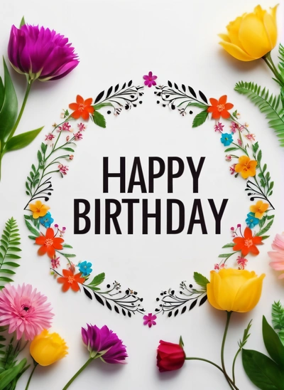 A happy Birthday card with flowers and leaves around it on a white background with a floral frame around the words happy Birthday on it's, plain background, a pastel, international typographic style