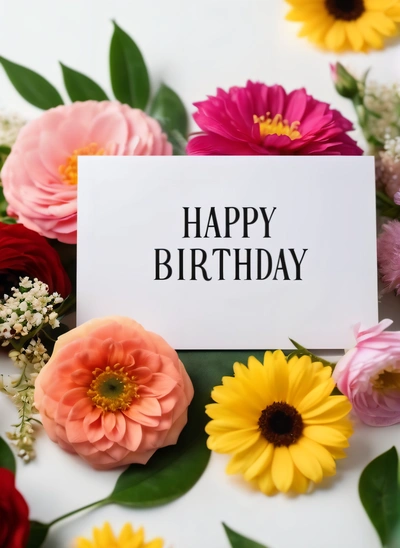 A card with a happy Birthday written on it surrounded by flowers and leaves on a white surface with a white background with a black lettering, plain background, a pastel, international typographic style
