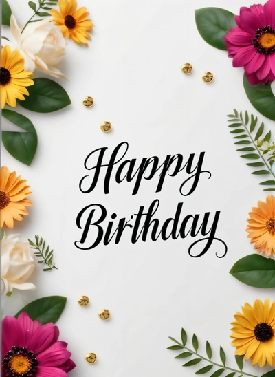 A Birthday card with flowers and leaves on it with the words happy Birthday written in black ink on a white background with gold and pink flowers, plain background, a pastel, international typographic style