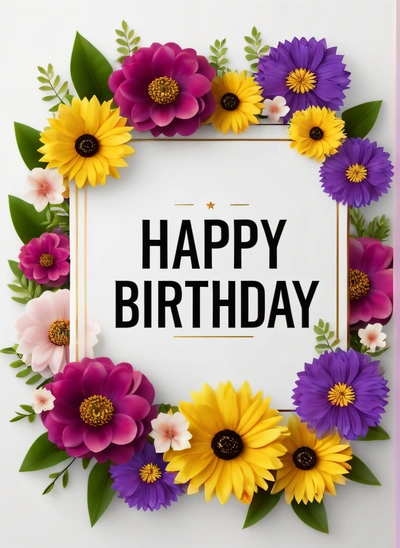 A Birthday card with flowers and a gold frame on a white background with the words happy Birthday written in black in the center of the card, plain background, a pastel, international typographic style