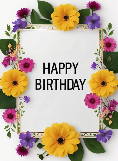 A happy Birthday card with flowers and leaves around it on a white background with a pink border around the card and the words happy Birthday, plain background, a pastel, international typographic style