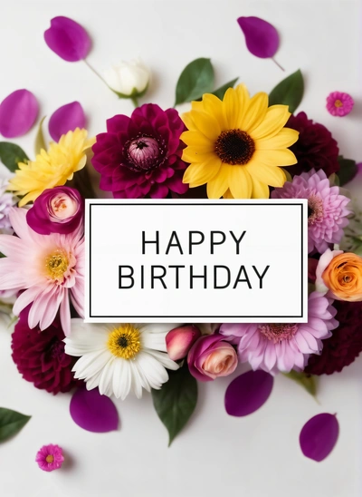 A happy Birthday card with flowers and leaves around it on a white surface with a black and white sign that says happy Birthday on it, plain background, a pastel, international typographic style