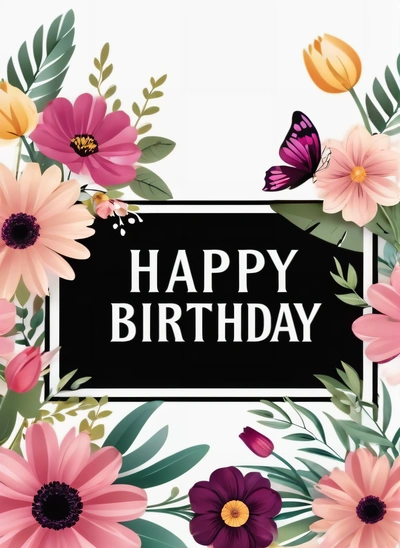 A Birthday card with flowers and butterflies on it, and a black frame with the words happy Birthday written in it, in a floral frame, plain background, a pastel, international typographic style