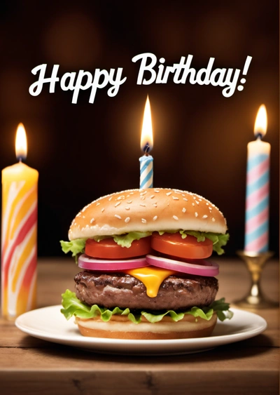 A hamburger with a candle and a candle holder on a table with a Birthday candle in the background and a lit candle in the middle, professional food photography, a pastel, altermodern