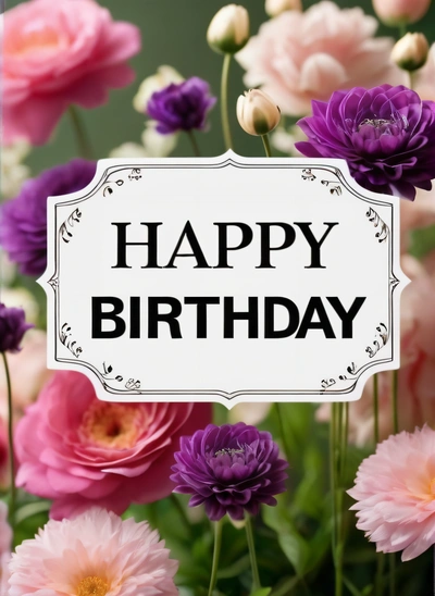 A sign that says happy Birthday surrounded by flowers in a field of flowers with a white frame with a black lettering on it that says happy Birthday, plain background, a pastel, international typographic style