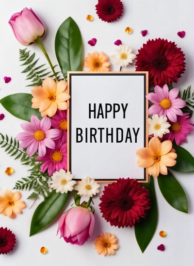 A happy Birthday card surrounded by flowers and leaves on a white background with a pink border and a pink border with a black border with a, plain background, a pastel, international typographic style