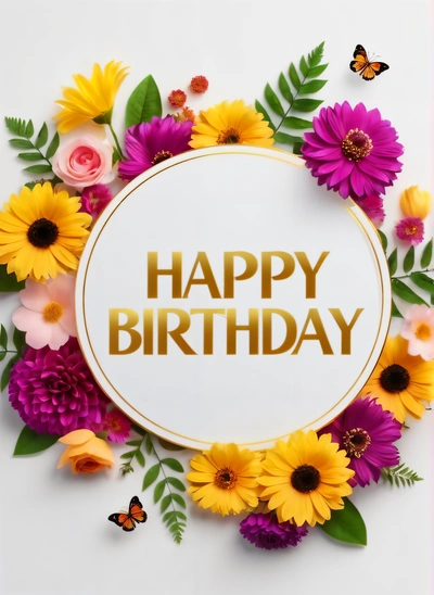 A Birthday card with flowers and butterflies around it with the words happy Birthday written in gold foil on a white background with a gold circle, plain background, a pastel, international typographic style