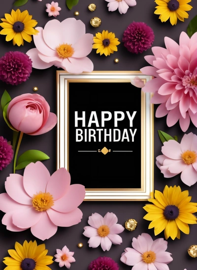A Birthday card with flowers and a gold frame on a purple background with a black background and a gold frame with a happy Birthday message, plain background, a pastel, american barbizon school