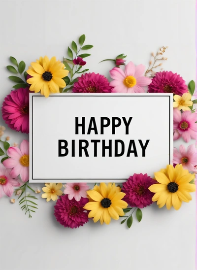 A happy Birthday card with flowers around it and a white frame with the words happy Birthday on it in black lettering on a white background, plain background, a pastel, international typographic style