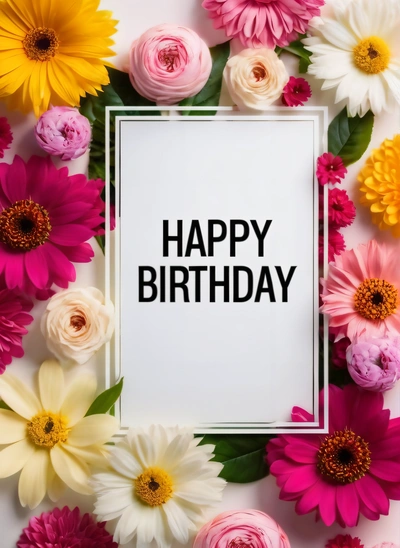 A Birthday card surrounded by flowers and daisies on a white surface with a white frame that says happy Birthday on it in black lettering, plain background, a pastel, international typographic style