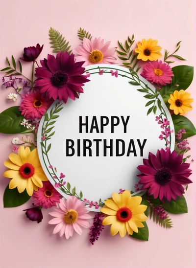 A Birthday card with flowers and leaves around it on a pink background with a white circle that says happy Birthday on it's center, plain background, a pastel, barbizon school