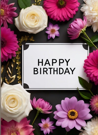 A Birthday card surrounded by flowers and greenery with a message that reads happy Birthday on it in a frame surrounded by flowers and greenery, plain background, a pastel, international typographic style