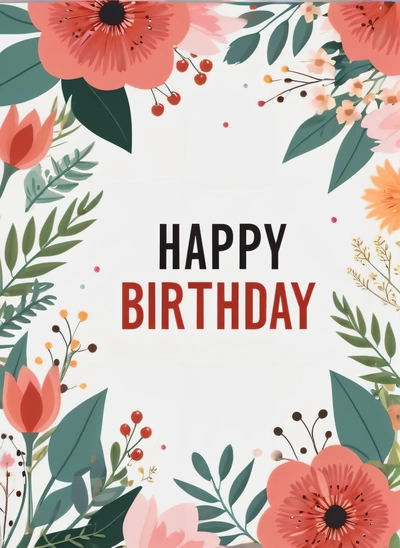 A Birthday card with a floral frame and a happy Birthday message in the center of the card is a white background with a red and orange flower border, plain background, a pastel, international typographic style