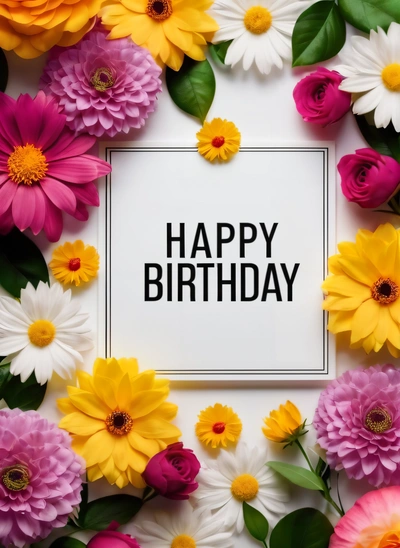 A white square frame surrounded by colorful flowers and leaves with the words happy Birthday written on it in black lettering on a white background with, plain background, a pastel, international typographic style