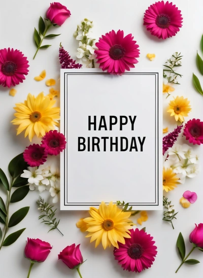 A Birthday card surrounded by flowers and greenery on a white surface with a black and white frame that says happy Birthday on it ', plain background, a pastel, international typographic style