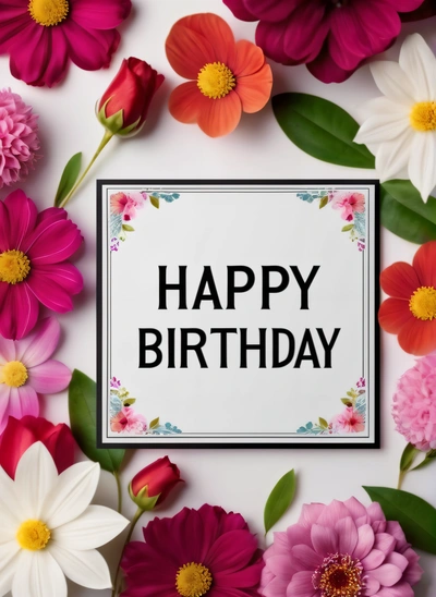 A Birthday card surrounded by flowers and leaves with the words happy Birthday on it in a square frame surrounded by flowers and leaves on a white background, plain background, a pastel, international typographic style