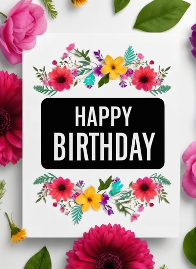 A card with a happy Birthday message surrounded by flowers and leaves on a white background with a black square frame with the words happy Birthday, plain background, a pastel, international typographic style
