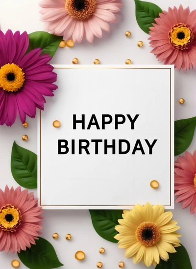 A white sign with a happy Birthday message surrounded by flowers and leaves on a white background with gold dots around it and a few pink and yellow flowers, plain background, a pastel, international typographic style