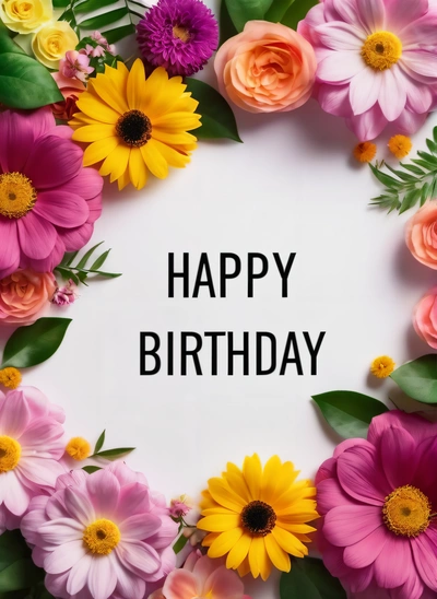A Birthday card with flowers and leaves around it that says happy Birthday on a white background with a black lettering in the center of the card, plain background, a pastel, international typographic style