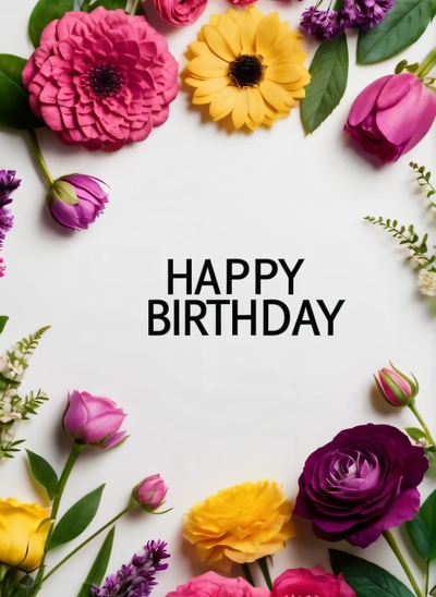A white background with a bunch of flowers around it that says happy Birthday on it, surrounded by flowers and leaves, on top of a white surface with a, plain background, a pastel, international typographic style