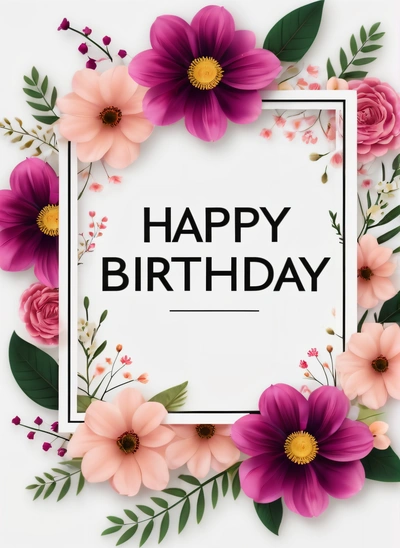 A Birthday card with flowers and leaves around it with the words happy Birthday on it in a square frame on a white background with a, plain background, a pastel, international typographic style