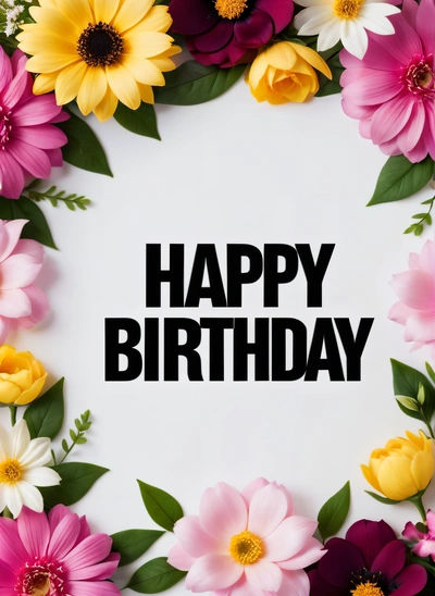 A Birthday card with flowers and the words happy Birthday on it in black lettering on a white background with a white background and a white border, plain background, a pastel, international typographic style