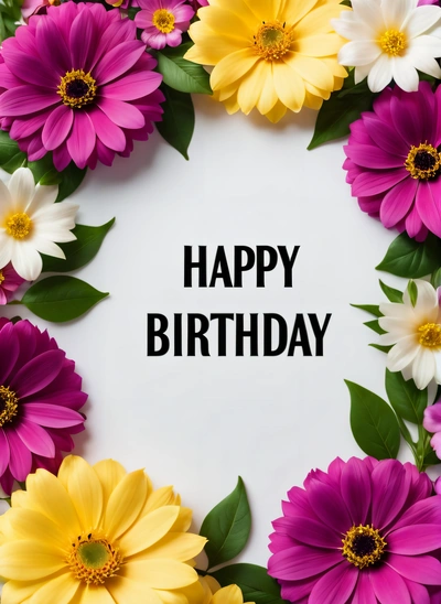 A Birthday card with a bunch of flowers around it with the words happy Birthday written in the middle of the card and surrounded by flowers, plain background, a pastel, international typographic style
