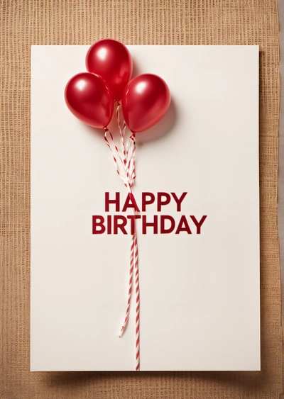 A card with a bunch of balloons on it that says happy Birthday on it and a string attached to it with a red balloon on top, plain background, a pastel, international typographic style