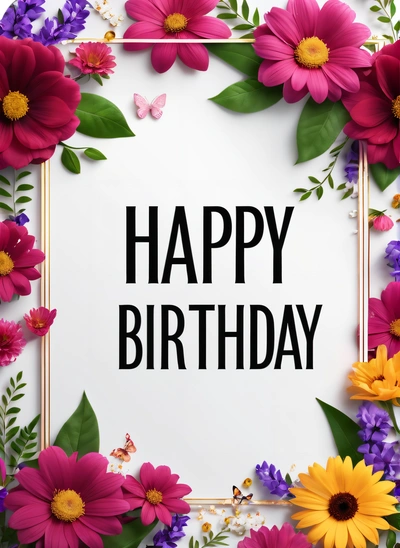 A Birthday card with flowers and a butterfly on it with a white background with a gold frame and a black text that reads happy Birthday, plain background, a pastel, international typographic style