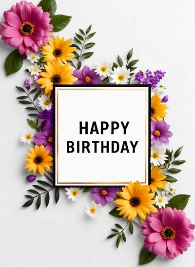 A Birthday card with flowers and a frame with the words happy Birthday on it in black lettering on a white background with a border of flowers, plain background, a pastel, international typographic style