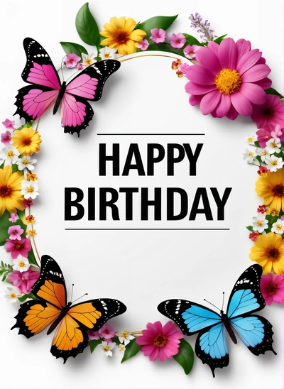 A Birthday card with butterflies and flowers around it with a white background and a pink border with the words happy Birthday written in the center, plain background, a pastel, international typographic style