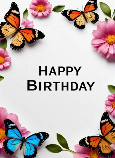 A Birthday card with butterflies and pink flowers on it with the words happy Birthday written in black on the bottom of the card and a white background, plain background, a pastel, orphism