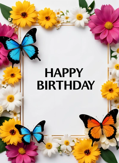 A Birthday card with butterflies and flowers around it with the words happy Birthday written in black on a white background with a gold frame and white border, plain background, a pastel, international typographic style
