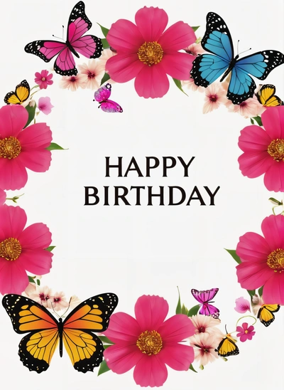 A Birthday card with butterflies and flowers in a circle on a white background with a happy Birthday message in the center of the card is a, plain background, a pastel, naive art