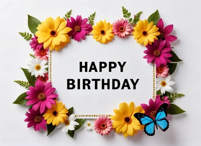A Birthday card with flowers and a butterfly on it with the words happy Birthday written in the center of the card and a butterfly on the front of the card, plain background, a pastel, international typographic style