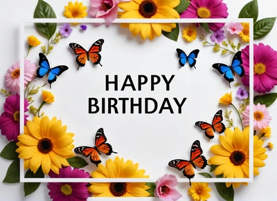A Birthday card with butterflies and flowers around it with the words happy Birthday written in the center of the card and a white frame with a white border, plain background, a pastel, orphism