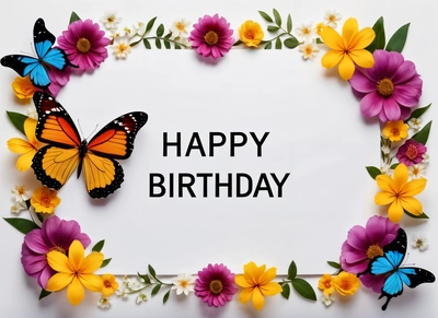 A Birthday card with a butterfly and flowers around it with the words happy Birthday written in black on a white background with a border of flowers, plain background, a pastel, folk art