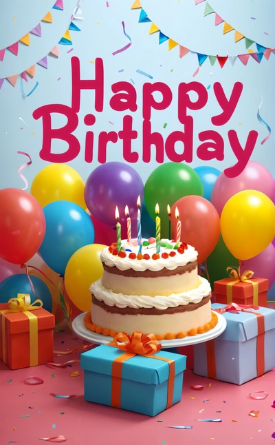 A Birthday cake with candles surrounded by balloons and presents on a table with a happy Birthday sign in the background with confetti and streamers, plain background, a pastel, american barbizon school