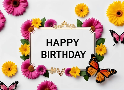 A Birthday card with butterflies and flowers around it with a white background with a white frame with the words happy Birthday written on it and a, plain background, a pastel, international typographic style
