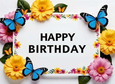 A Birthday card with butterflies and flowers around it with the words happy Birthday written in black on a white background with a border of yellow and pink flowers, plain background, a pastel, international typographic style