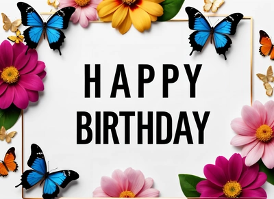 A Birthday card with butterflies and flowers on it with a white background with a black text that reads happy Birthday on it with a border of butterflies, plain background, a pastel, international typographic style