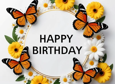 A Birthday card with butterflies and daisies around it with the words happy Birthday written in the center of the card and the butterflies around the card, plain background, a pastel, orphism