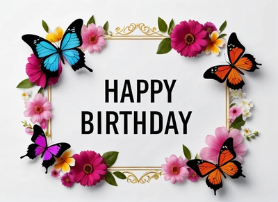 A Birthday card with butterflies and flowers around it with the words happy Birthday written in black on a white background with a gold frame and pink flower border, plain background, a pastel, lyco art
