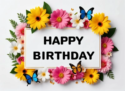 A Birthday card with flowers and butterflies around it with a white background with a white sign that says happy Birthday on it with a border of flowers, plain background, a pastel, international typographic style