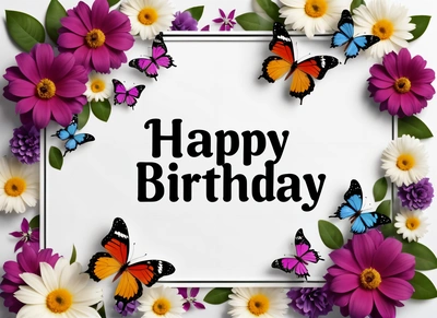 A Birthday card with butterflies and flowers around it with the words happy Birthday written in black on a white background with a border of daisies, plain background, a pastel, naive art