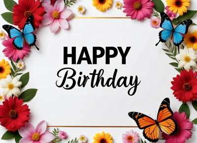 A Birthday card with a butterfly and flowers around it with the words happy Birthday written in black on a white background with a border of flowers, plain background, a pastel, international typographic style